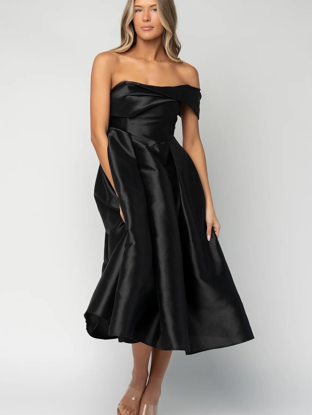 Baltic Born Strapless Black Satin Midi Dress with Folded Bodice